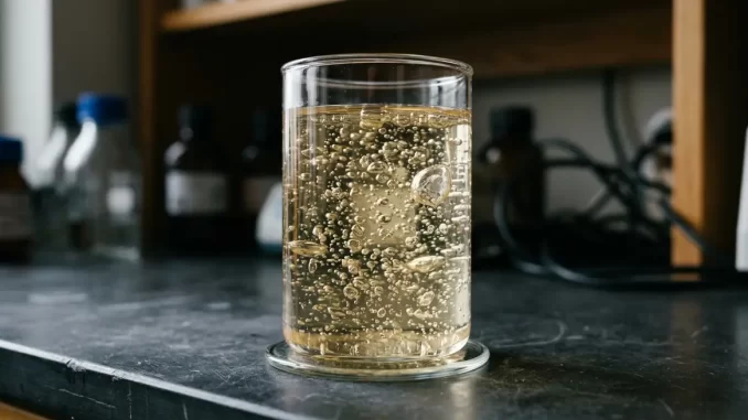 Klare Gelatine in einem Glasgefäß mit zahlreichen eingeschlossenen Gasbläschen unterschiedlicher Größe.