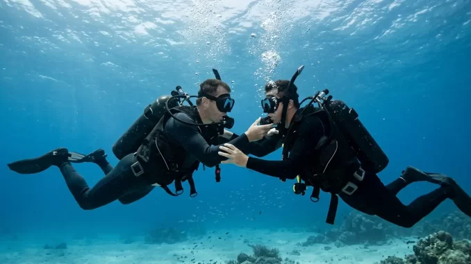 Zwei Taucher unter Wasser: Einer reicht dem anderen seinen Lungenautomaten zum Atmen.