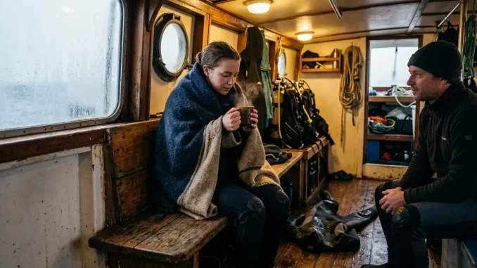 Unterkühlte Person sitzt in Decken gehüllt in einer Bootskabine und hält einen warmen Becher.