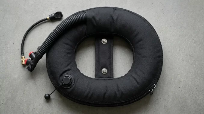 Schwarzer Donut-Wing aus Cordura mit Faltenschlauch, Inflatoreinheit und tellerfoermigem Ueberdruckventil