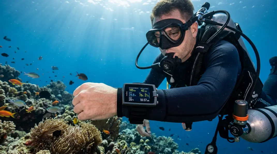 Nahaufnahme eines Tauchcomputers mit Luftintegration am Handgelenk eines Tauchers unter Wasser.