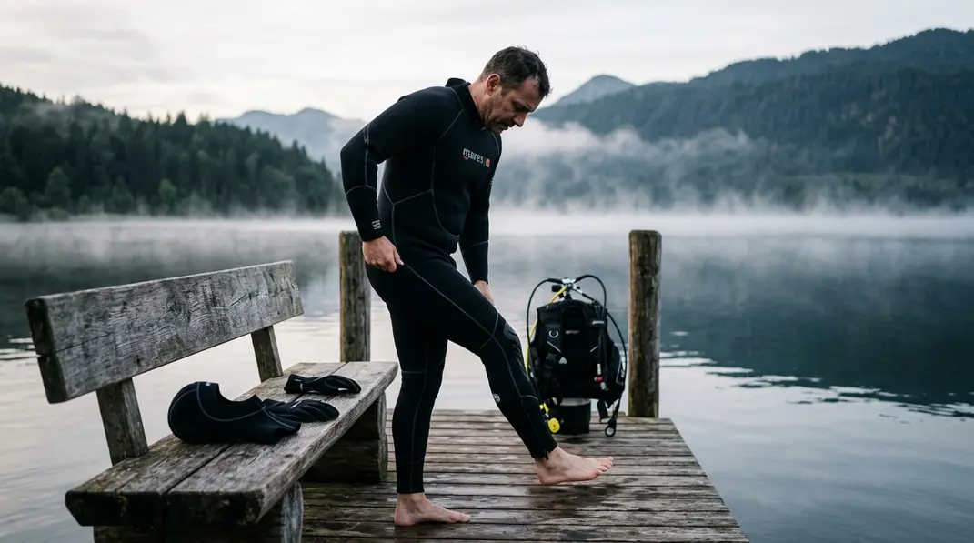 Taucher zieht am See einen eng sitzenden Neoprenanzug an.