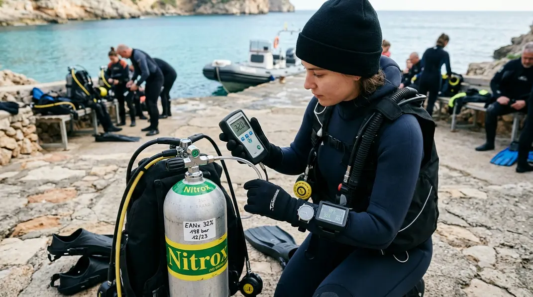 Taucher analysiert ein Nitrox-Gemisch und prüft die Gaseinstellung am Computer.
