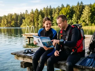 Zwei Tauchanfänger bereiten sich am See gemeinsam auf die Open Water Diver Theorieprüfung vor.