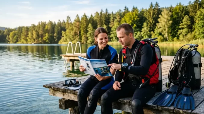 Zwei Tauchanfänger bereiten sich am See gemeinsam auf die Open Water Diver Theorieprüfung vor.