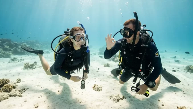 Beim Schnuppertauchen Ablauf begleitet ein Tauchlehrer eine Anfängerin in flachem Wasser.