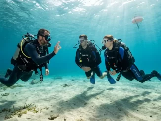 Tauchlehrer betreut zwei Schüler pro Tauchlehrer in flachem, klarem Wasser.