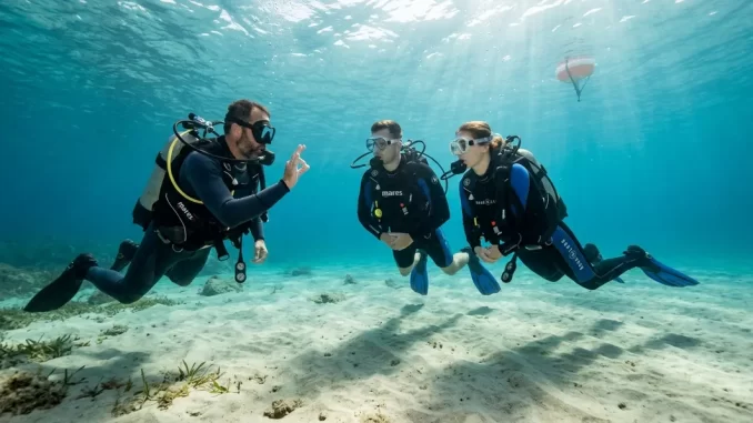Tauchlehrer betreut zwei Schüler pro Tauchlehrer in flachem, klarem Wasser.