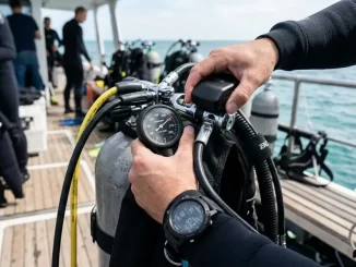 Taucher kontrolliert Sender, Tauchcomputer und analoges Finimeter vor dem Tauchgang.