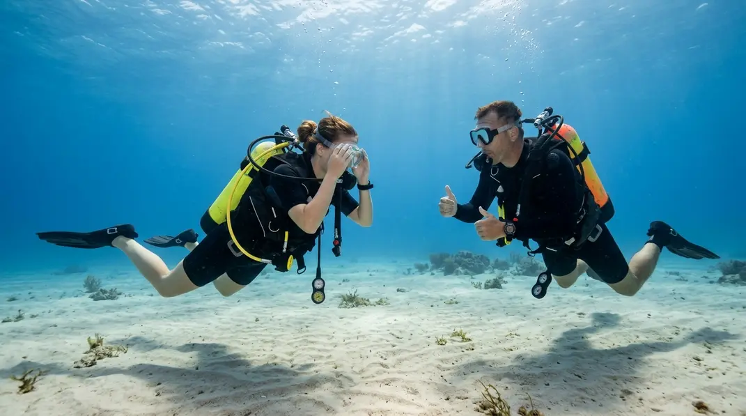Tauchanfängerin übt unter Wasser eine Fertigkeit mit einem Tauchlehrer.