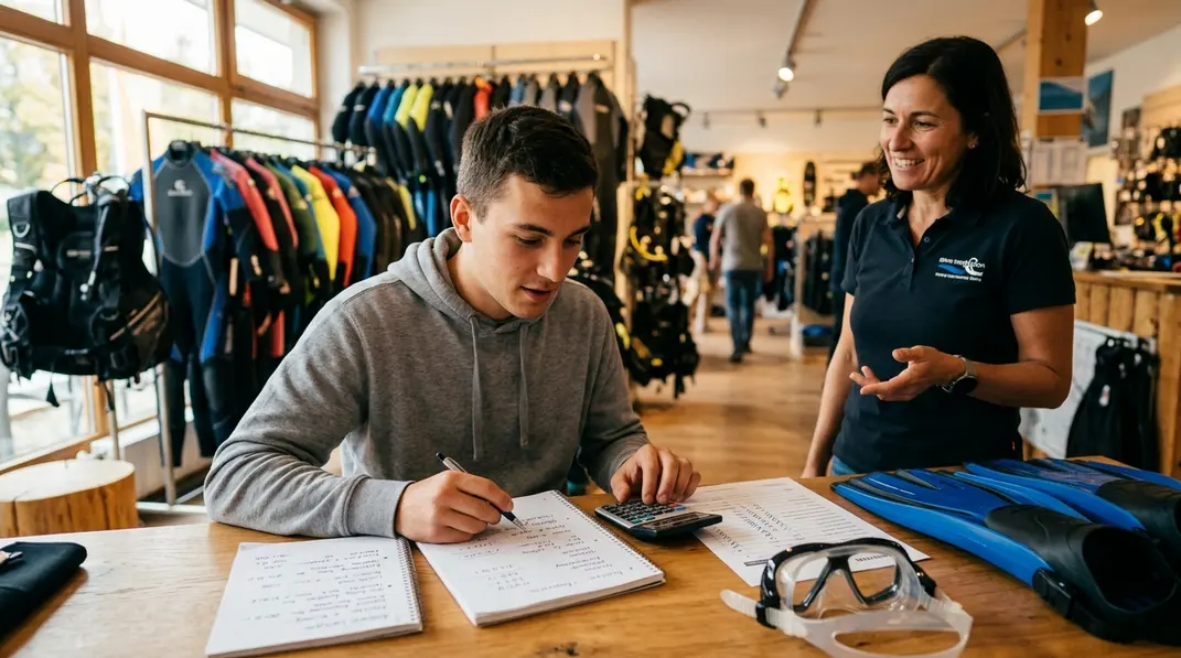 Tauchanf&auml;nger vergleicht Mietkosten und Kaufkosten f&uuml;r Tauchausr&uuml;stung an einem Tisch im Tauchshop.