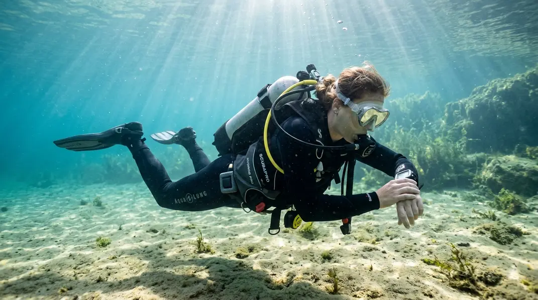 Taucher kontrolliert unter Wasser seinen Tauchcomputer mit vollständiger Tauchausrüstung.