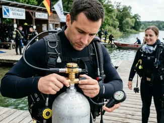 Taucher prüft Ventil, Manometer und Kennzeichnung einer Tauchflasche vor dem Tauchgang.