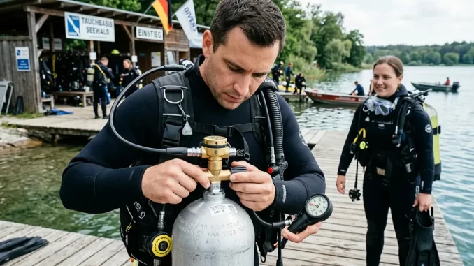 Taucher prüft Ventil, Manometer und Kennzeichnung einer Tauchflasche vor dem Tauchgang.