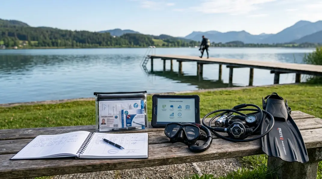 Logbuch, Dokumentenh&uuml;lle und Tauchausr&uuml;stung liegen f&uuml;r den Wiedereinstieg bereit.