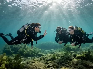 Tauchlehrerin begleitet zwei Taucher während einer Tauchlehrer Ausbildung unter Wasser.