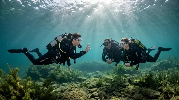 Tauchlehrerin begleitet zwei Taucher während einer Tauchlehrer Ausbildung unter Wasser.