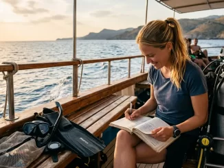 Taucherin schreibt Tauchlogbuch Einträge auf einem Boot nach einem Tauchgang.