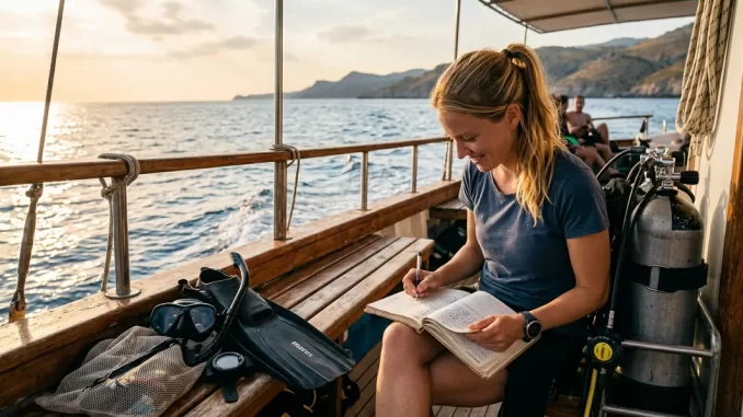 Taucherin schreibt Tauchlogbuch Einträge auf einem Boot nach einem Tauchgang.