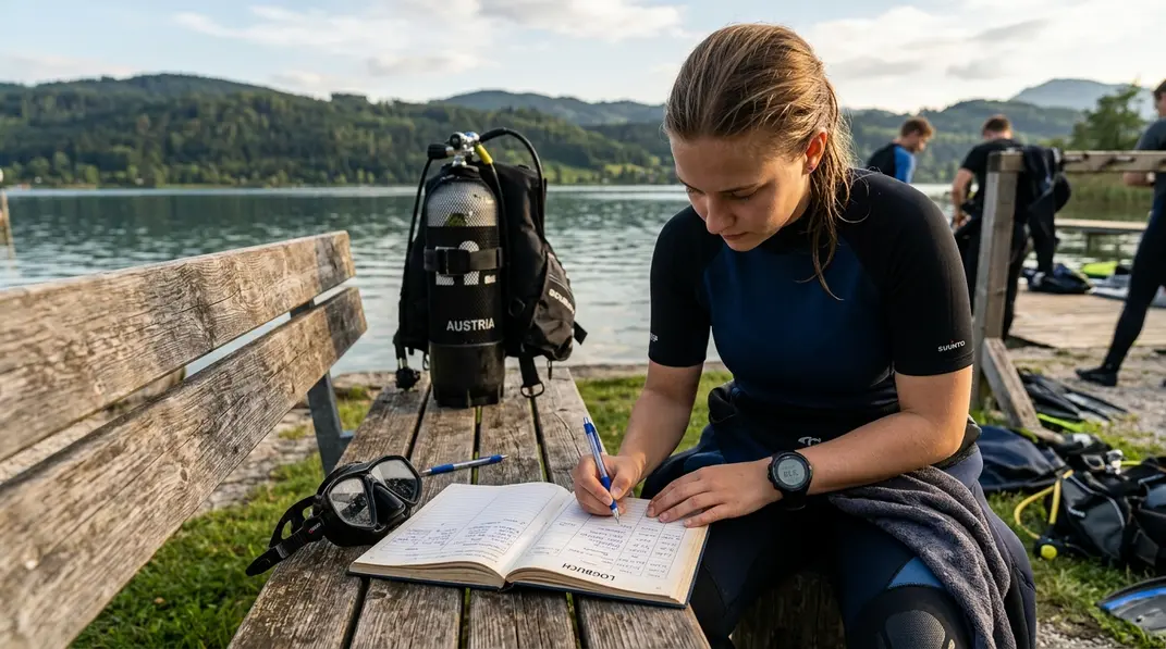 Tauchanf&auml;ngerin tr&auml;gt Datum, Tiefe und Dauer in ein Tauchlogbuch ein.