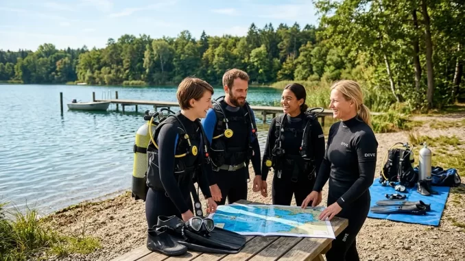 Drei Tauchanfänger vergleichen mit einer Lehrerin ihre Möglichkeiten bei Tauchverbänden im Vergleich am Seeufer.