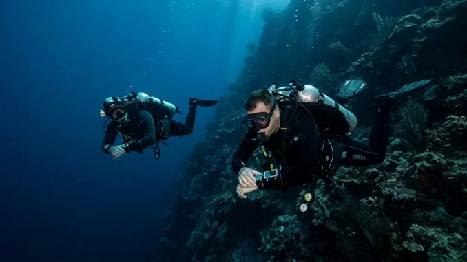 Zwei Taucher im Deep Diver Specialty halten in großer Tiefe Sichtkontakt und prüfen ihre Instrumente.