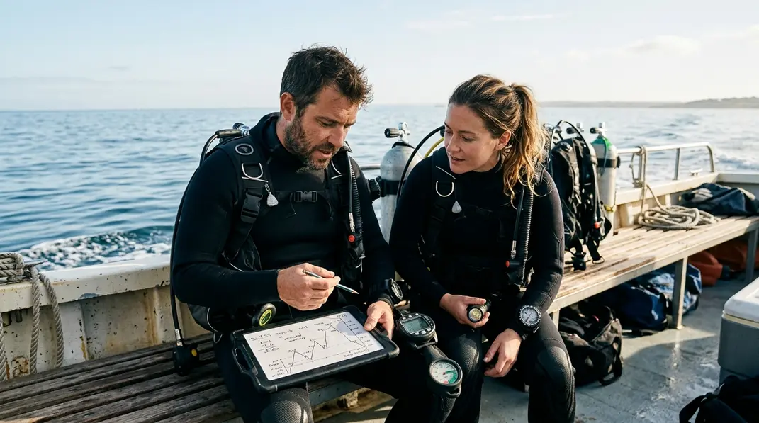 Zwei Taucher planen auf einem Boot einen Deep Diver Specialty Tauchgang mit Schreibtafel und Tauchcomputer.