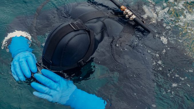 Taucher an der Wasseroberfläche mit Kopfhaube und blauen Trockenhandschuhen, daneben der Faltenschlauch des Anzugs