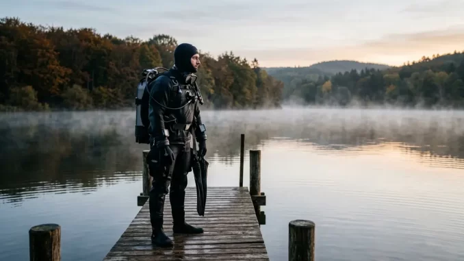 Taucher im Trockentauchkurs Deutschland steht mit Ausrüstung auf einem Steg an einem kalten See.