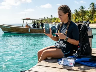Taucher mit Smartphone und Tauchausrüstung organisiert Ersatz für ein verlorenes Brevet am Steg.