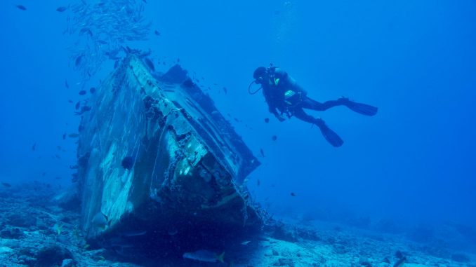 Taucher schwebt frei im blauen Wasser neben dem Bug eines auf Sand liegenden Schiffswracks, darüber ein Fischschwarm