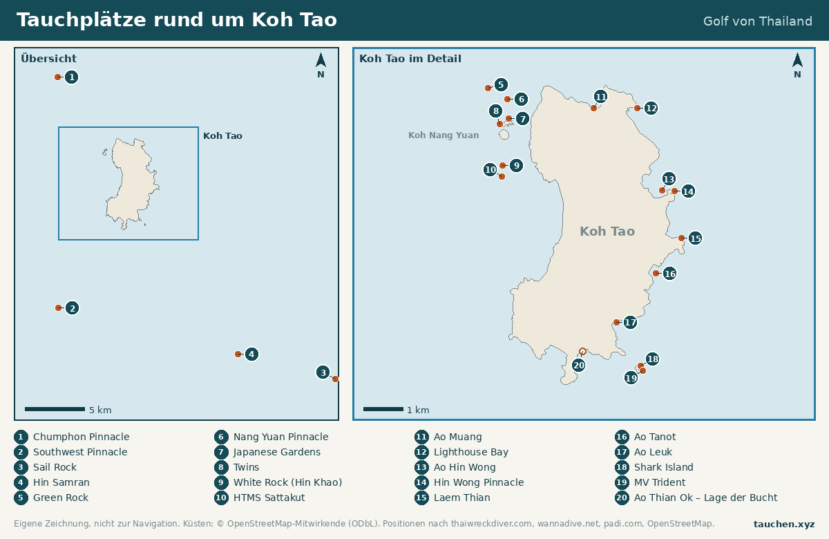 Karte der Tauchpl&auml;tze rund um Koh Tao: &Uuml;bersicht mit Chumphon Pinnacle, Southwest Pinnacle, Sail Rock und Hin Samran sowie Detailausschnitt der Insel mit 16 nummerierten Tauchpl&auml;tzen