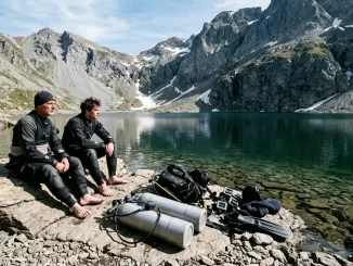Zwei Taucher warten mit noch nicht zusammengebauter Ausruestung am Ufer eines hochgelegenen Bergsees.