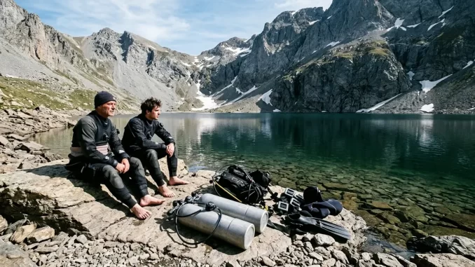 Zwei Taucher warten mit noch nicht zusammengebauter Ausruestung am Ufer eines hochgelegenen Bergsees.