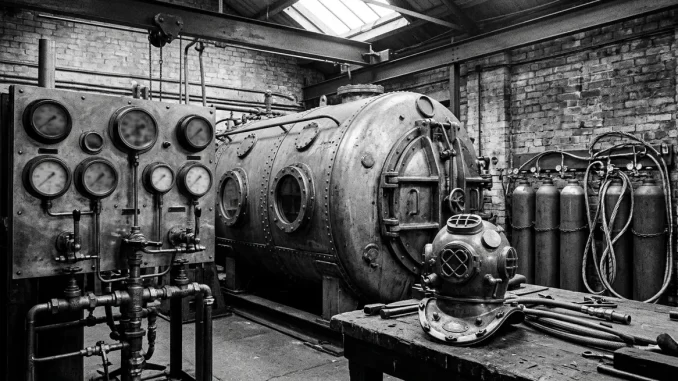 Rekompressionskammer, Messingarmaturen und Kupferhelm in einer Taucherversuchsstation der Marine der 1940er Jahre.