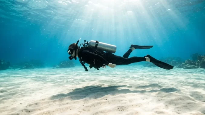 Taucher schwebt bewegungslos und waagerecht ueber hellem Sandgrund im hydrostatischen Gleichgewicht.