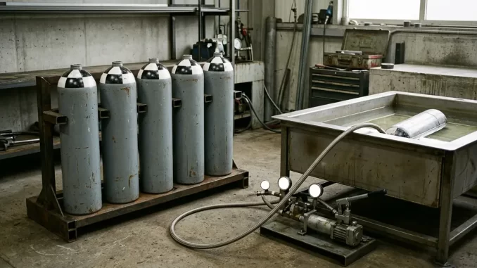 Stahltauchflaschen ohne Ventil in einem Prüfgestell neben einem Wasserbecken für die Druckprüfung.