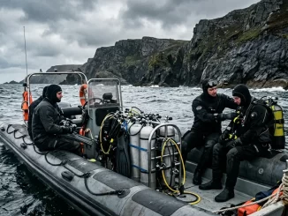 Vier Taucher in Trockenanzügen in einem Festrumpfschlauchboot vor einer dunklen Steilküste bei grauem Wetter.