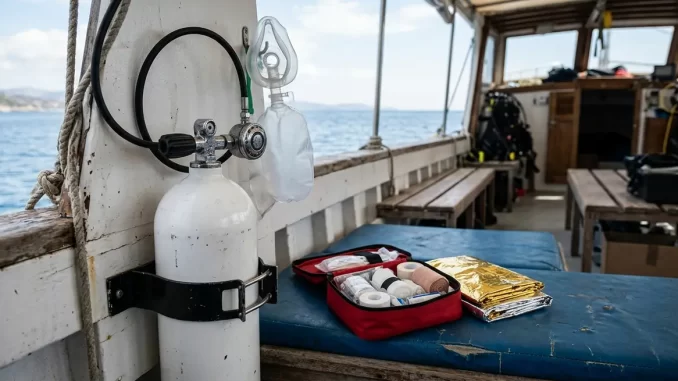 Notfallausrüstung an Bord eines Tauchbootes: Sauerstoffflasche in der Halterung mit Druckminderer und Maske, daneben eine geöffnete Erste-Hilfe-Tasche