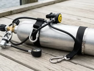 Aluminium-Tauchflasche als Dekoflasche aufgeriggt, mit Nylongurt und zwei Edelstahl-Karabinerhaken.