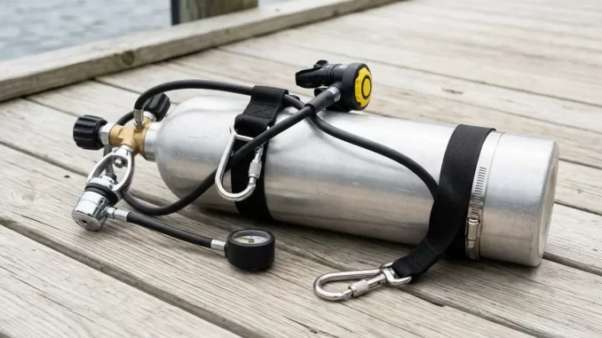 Aluminium-Tauchflasche als Dekoflasche aufgeriggt, mit Nylongurt und zwei Edelstahl-Karabinerhaken.