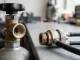 Nahaufnahme: Flaschenventil mit Handrad und Gewindeausgang, daneben auf der Werkbank der Anschlussstutzen eines Atemreglers mit O-Ring und Überwurfmutter