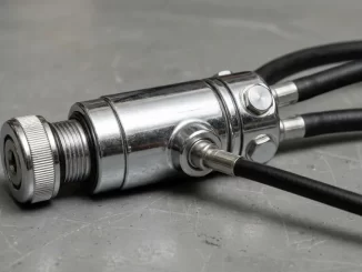 Erste Stufe eines Tauchatemreglers mit DIN-Gewindeanschluss und Ueberwurfmutter, an den Abgaengen sind mehrere schwarze Schlaeuche angeschlossen.