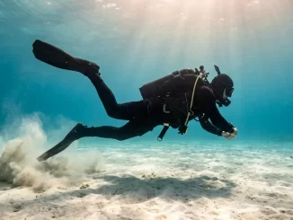 Taucher schwimmt mit dem Wechselschlag knapp ueber Sandgrund und wirbelt dabei eine Sandwolke auf.