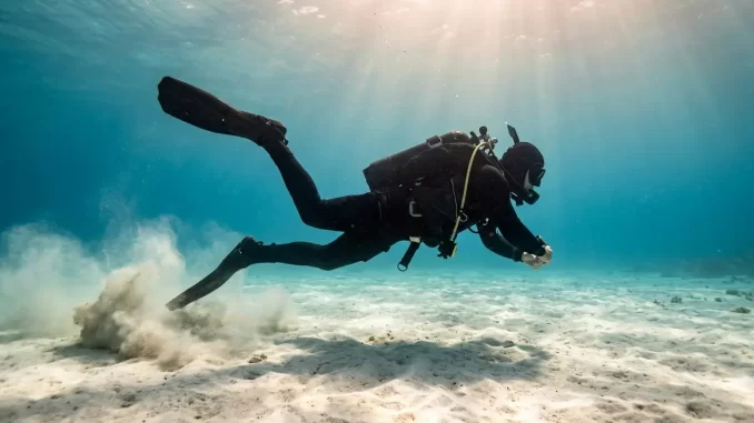 Taucher schwimmt mit dem Wechselschlag knapp ueber Sandgrund und wirbelt dabei eine Sandwolke auf.