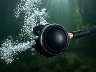 Abblasende zweite Stufe eines Tauchatemreglers mit kräftigem Blasenstrom in kaltem, dunkelgrünem Wasser.