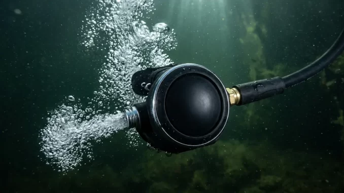 Abblasende zweite Stufe eines Tauchatemreglers mit kräftigem Blasenstrom in kaltem, dunkelgrünem Wasser.