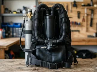 Halbgeschlossenes Kreislauftauchgeraet mit Kalkbehaelter, einer Nitroxflasche, Gegenlunge und zwei Faltenschlaeuchen zum Mundstueck.