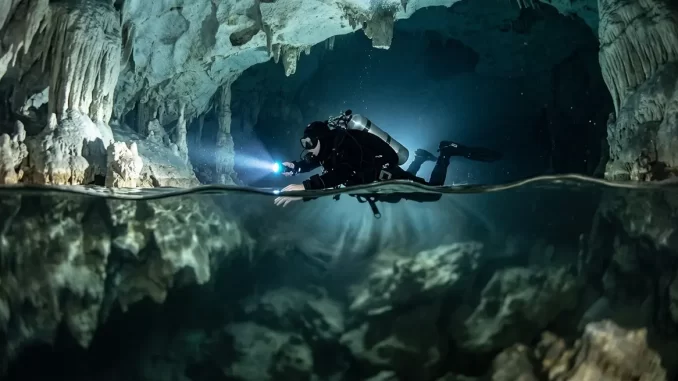 Taucher durchstoesst in einer gefluteten Hoehle die Halokline; unterhalb der Schichtgrenze erscheint das Wasser schlierig verzerrt.