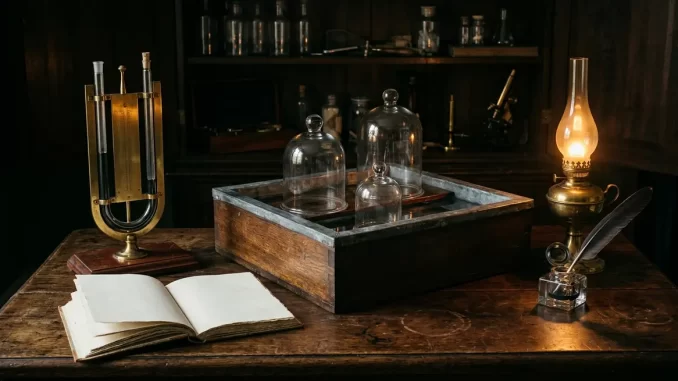 Arbeitstisch eines Naturforschers des fruehen 19. Jahrhunderts mit Gasglocken, pneumatischer Wanne und Quecksilbermanometer.